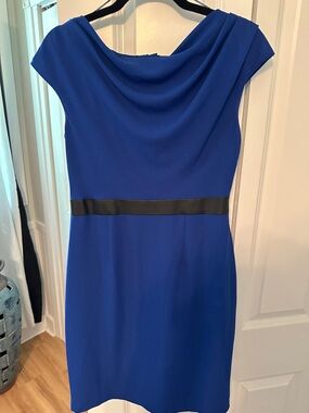 Adrianna Papell Cowl Neck Midi Dress in Royal Blue with Black Waist